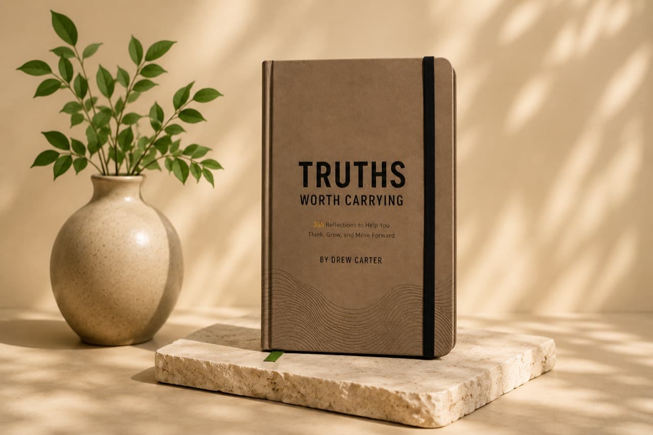 Truths Worth Carrying standing on a stone pedestal beside a ceramic vase with green branches